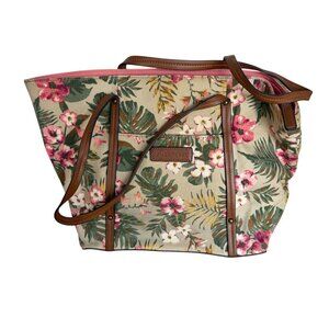St. Johns Bay Floral Canvas Tote Bag Brown Faux Leather Straps Tropical Design
